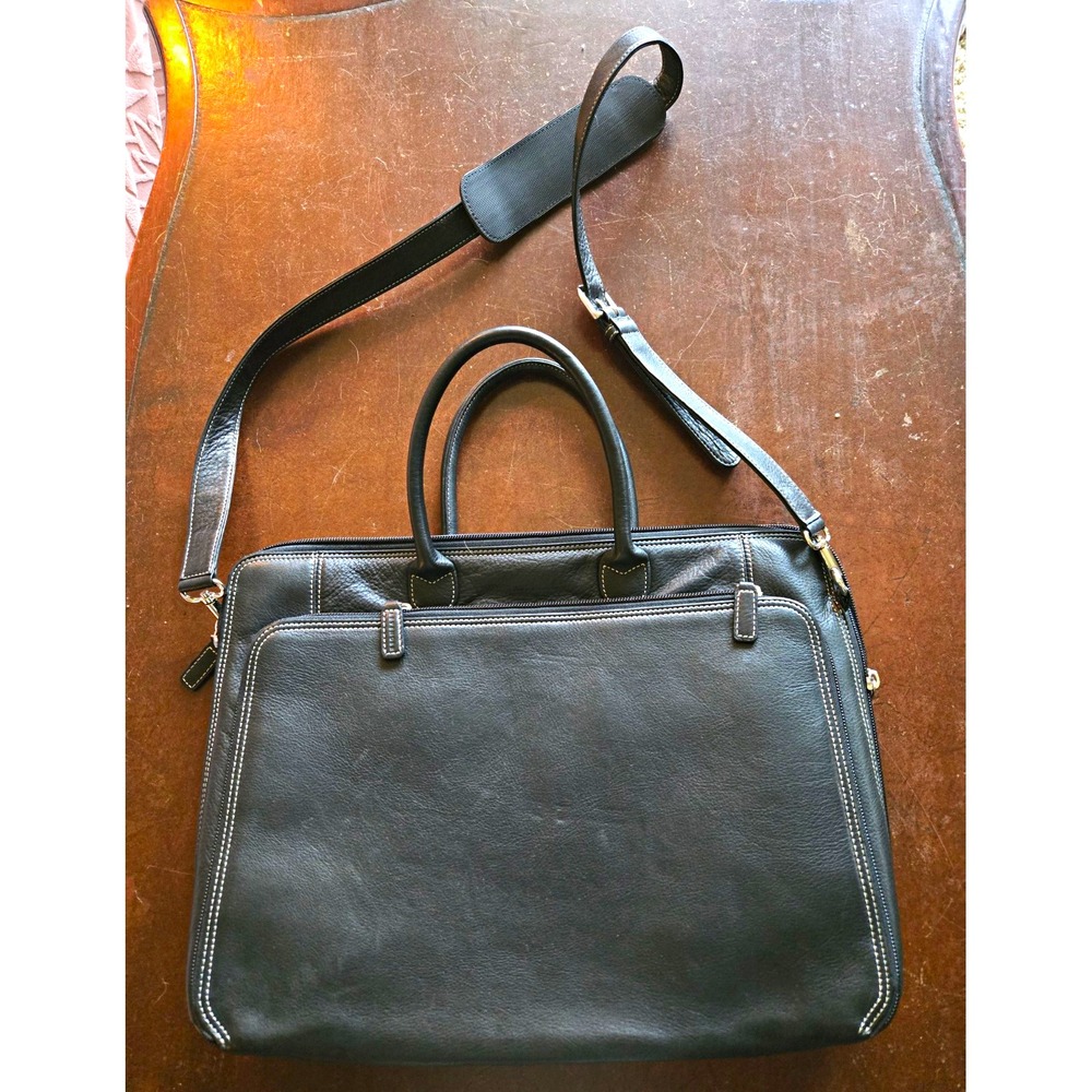 Levenger Black Leather Briefcase Zip-Around Closure Adjustable Shoulder Strap